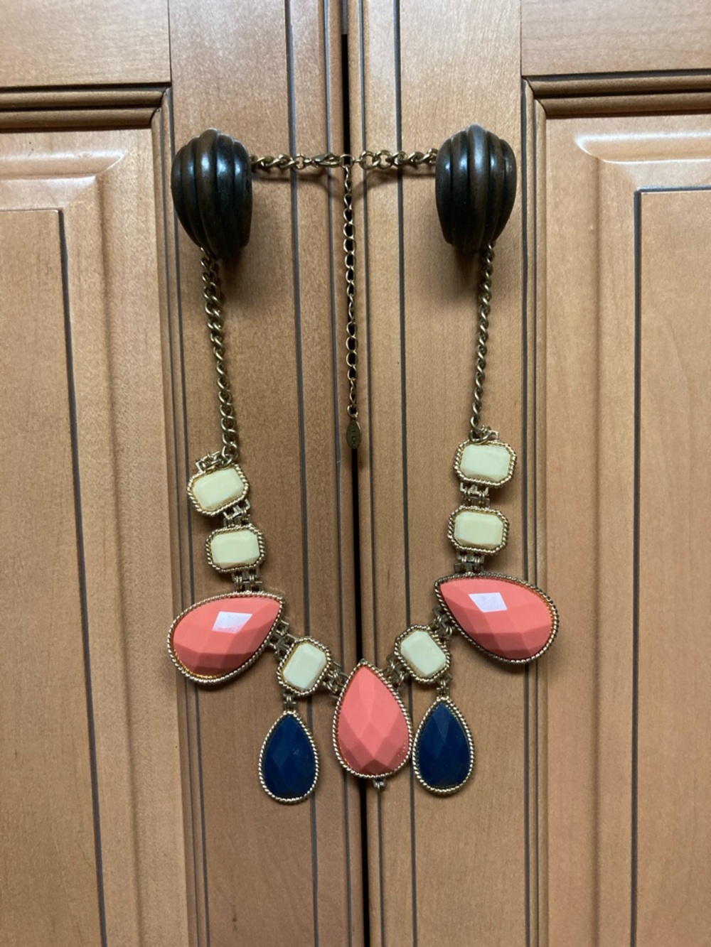 Statement Teardrop Bib Necklace - Coral, Navy & Cream